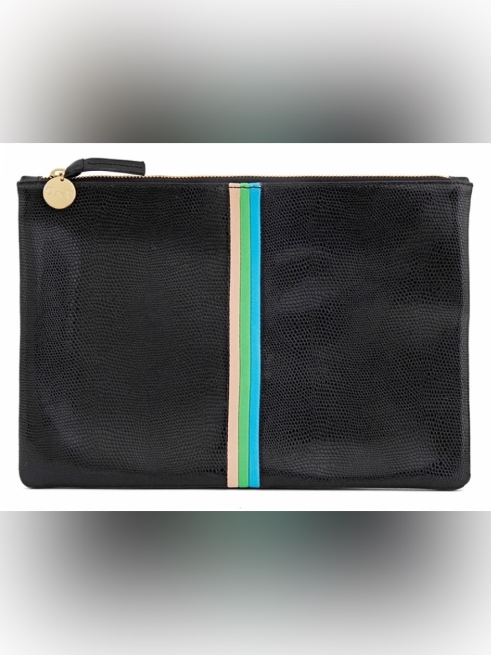 Clare V Black Lizard Stripe Flat Clutch